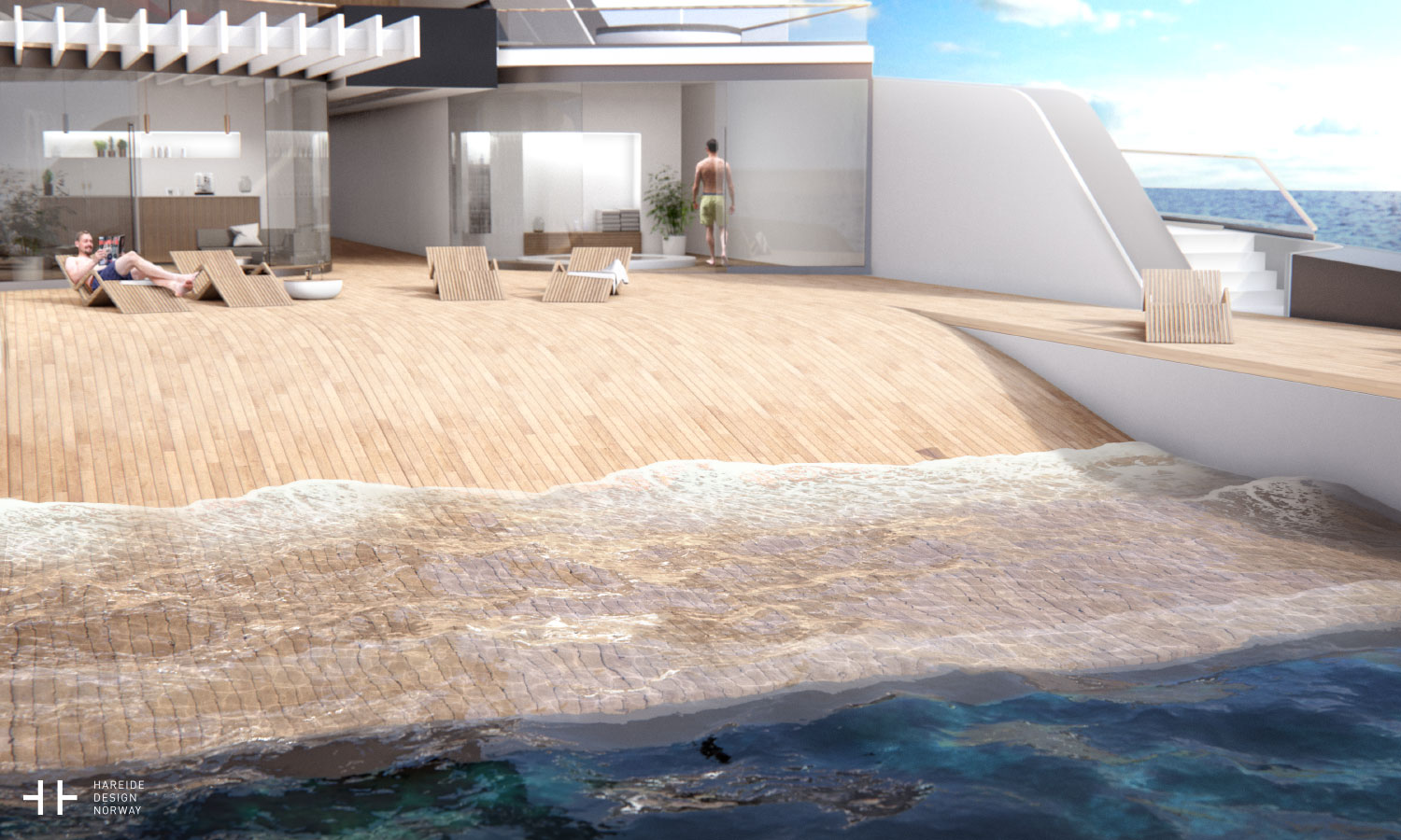 Your own private beach at the stem – 108M mega yacht. Hareide Design 2016